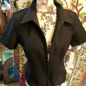 Black Padded Shoulder Zip up Short Blouse